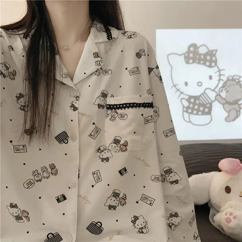 

Летние Пижамные комплекты Sanrio с рисунком Hello Пижама Китти для женщин с длинным рукавом кавайная Повседневная хлопковая Домашняя одежда бел...