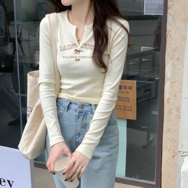 

Deeptown Korean Fashion Letter Beige T-shirts Women Harajuku White Long Sleeve Tees Y2k Aesthetic Streetwear Slim Corset Tops