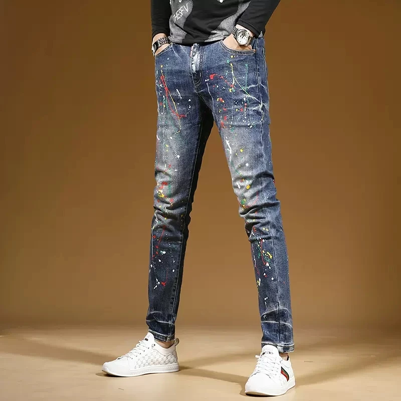 Autumn Graffiti Printed Blue Jeans Men Streetwear Casual Slim Fit Pencil Pants Fashion Stretch Denim Trousers