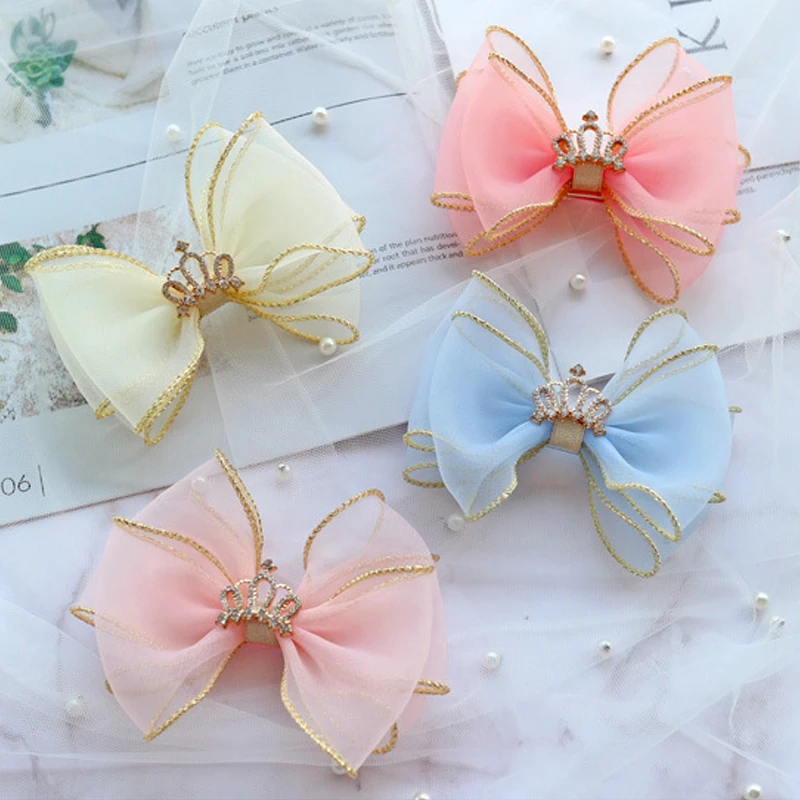 

Children's Hair Accessories Candy Color Mesh Hair Bows with Prong Clip Diamond Crown Princess Hairpins Headdress