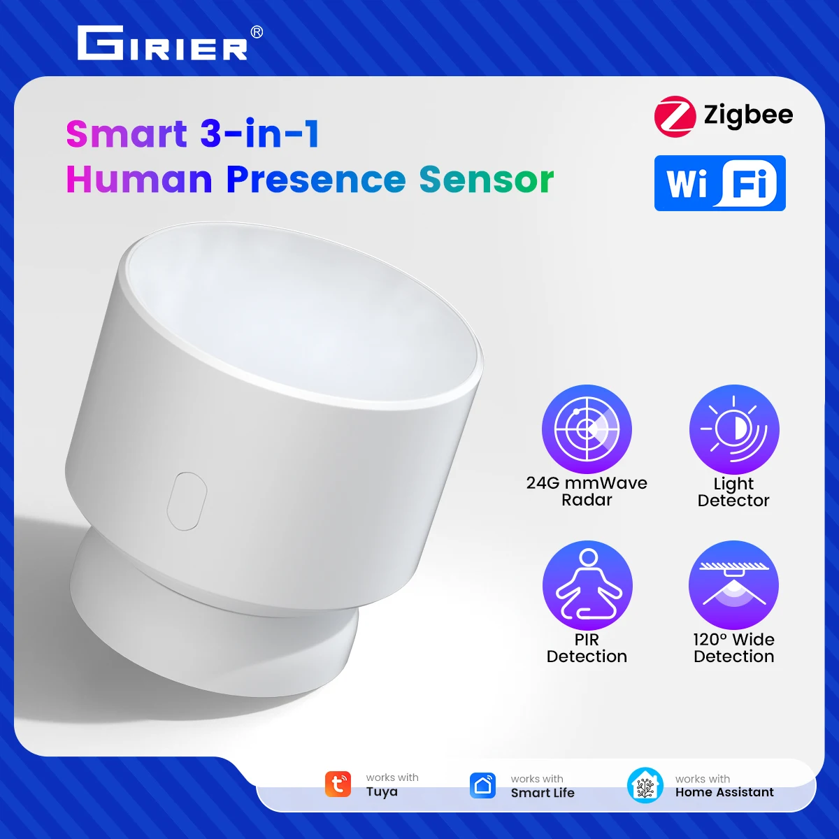 Фото Датчик присутствия человека GIRIER Tuya ZigBee 3-в-1 (PIR-датчик движения, датчик освещенности) для умного дома, автоматизации сигнализации, с поддержкой удаленного мониторинга через приложение №1