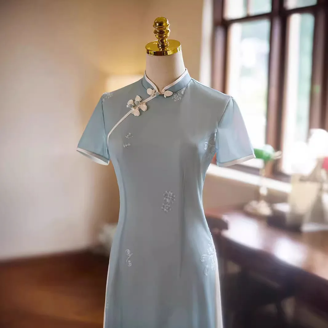 Женское длинное платье-Ципао с коротким рукавом синее элегантное винтажное