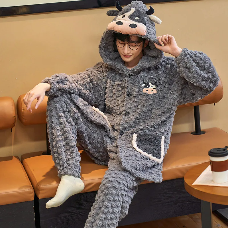 FUNISHI Men Sleepwear Plus Size 4XL Winter Pajamas Flannel Loose Version Pullover Nightgown Coral Fleece Inspissate Pajama Set