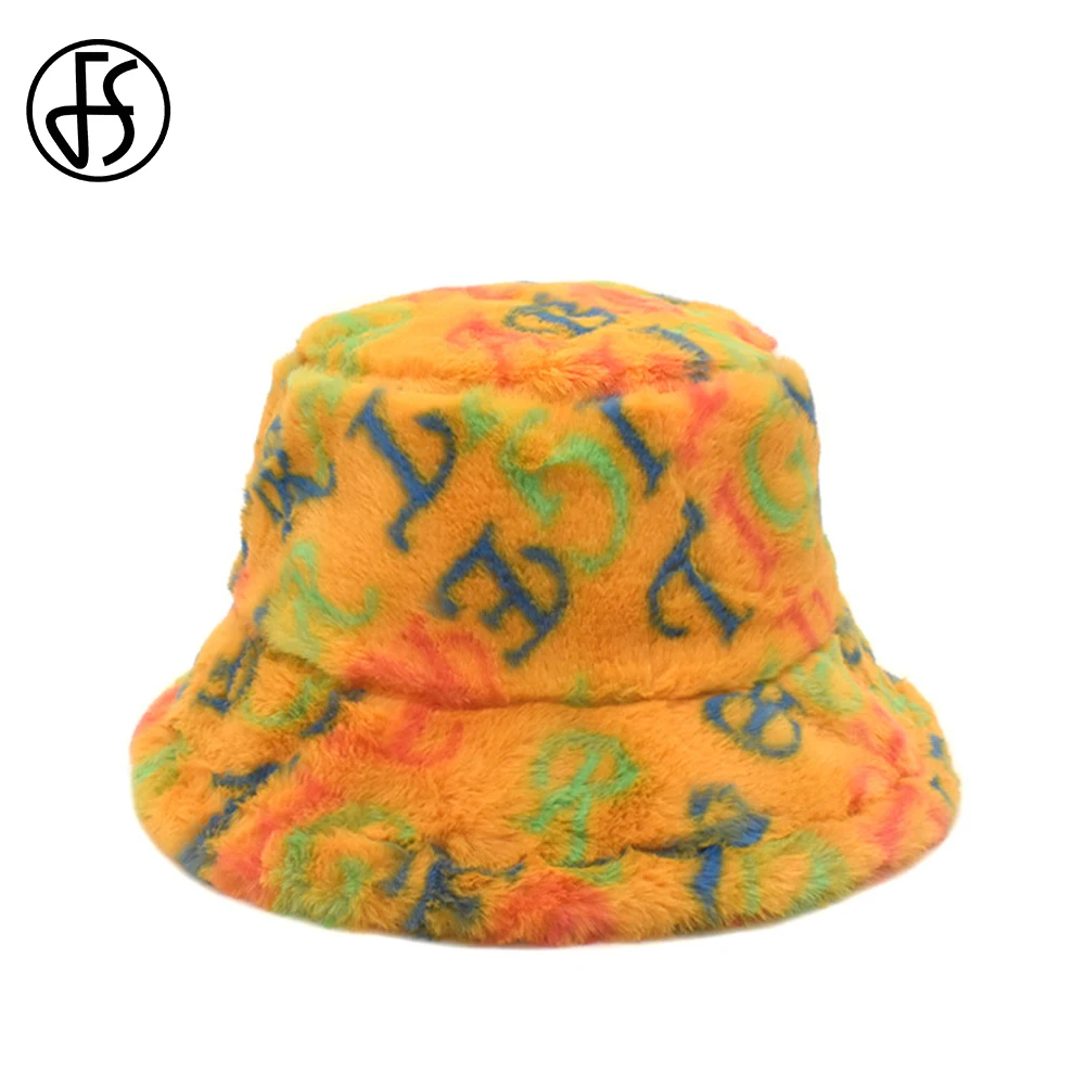

FS Yellow Warm Plush Winter Hat Letter Print Bucket Hats Women Lamb Wool Outdoor High Quality Panama Caps Fisherman Cap Gorras