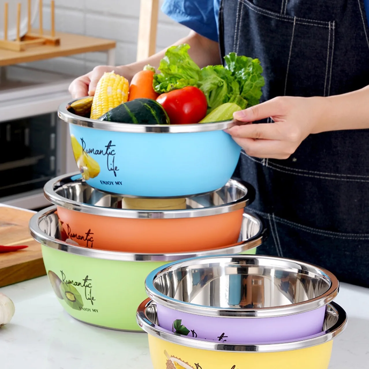 

3pcs 304 Stainless Steel Color Fruit Basin Kitchen Tableware Set Bowl Noodles Egg Thickened Seasoning Basin Kitchen Tools