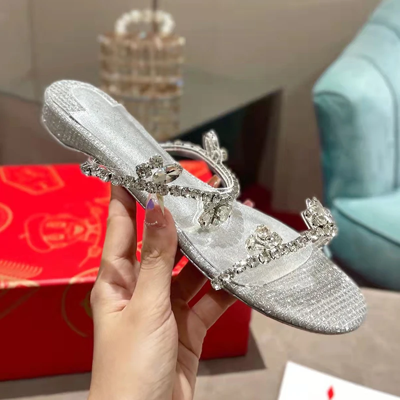 Silver Rhinestone Flat-bottomed Drag Women's Summer Low-heeled Sandals 2023 New Open-toe One-word Sandals
