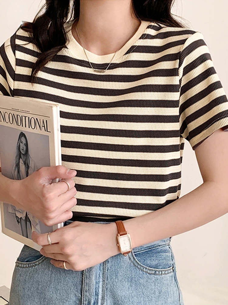 

Dinboa-полосатые женские футболки Y2k Топы 2022 летние офисные повседневные корейские модные трикотажные свободные футболки в стиле Харадзюку