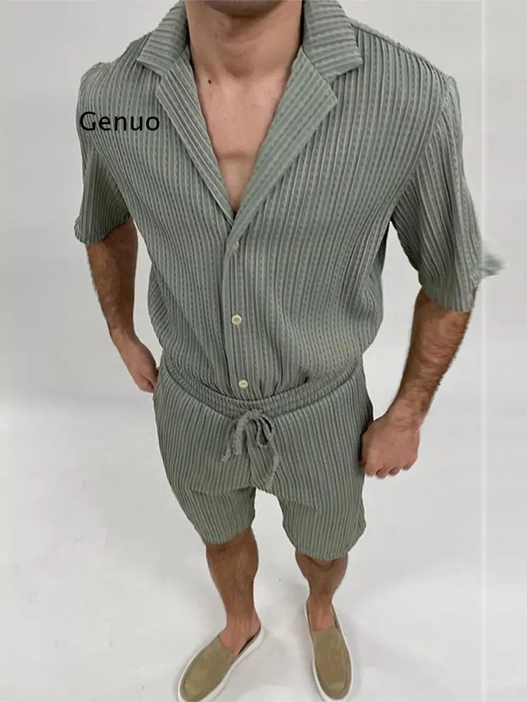 

Fashion Solid Lapel T-shirts 2PC Suits Linen Shirts Male Loose Shorts Set Mens Sleepwear Casual Elastic Waist Shorts Tracksuit