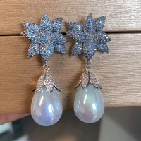 bilincolor blue cubic zirconia luxury flower dangling drop earring for women