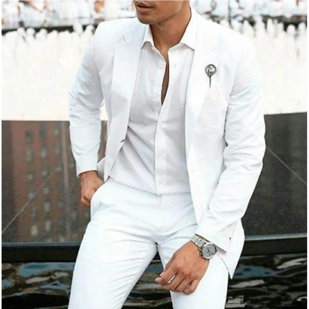 2022 Fashion Summer White  Groom Tuxedos Suits For Wedding 2 Piece Men Blazers Costume Homme Slim Fit Jacket+Pants