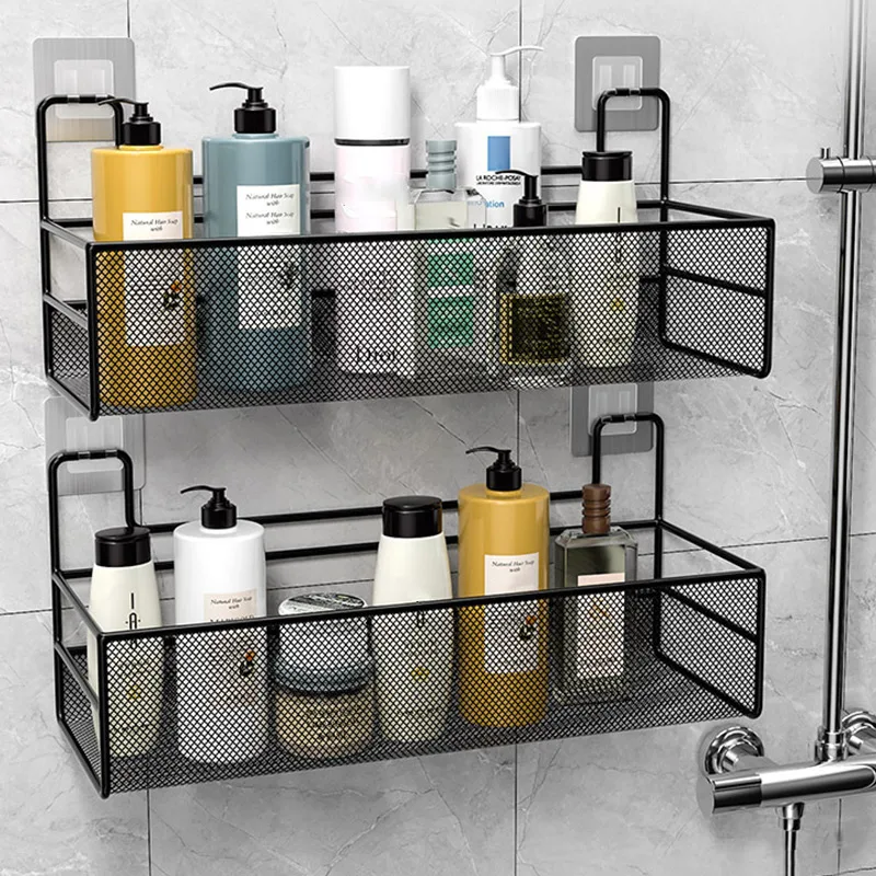 

Iron Wall-mounted Bathroom Shelf Rack Shower Shampoo Holder Toilet Accessories Kitchen Free Punch Condiment Storage Basket New