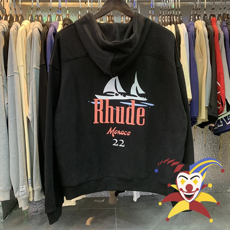 

Sailboat Rhude Hooded High Quality Apricot Black Rhude Hoodie Men Women Hip-Hop Pullovers