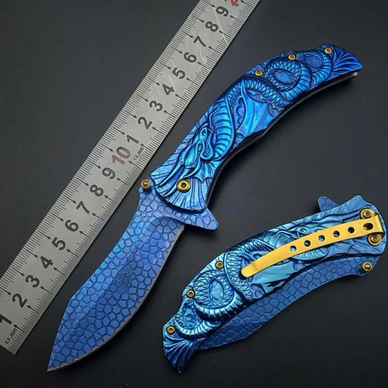

Карманный нож из титана 9 дюймов, складной Мультитул с 3d-графическим рисунком дракона синего цвета для косплея и выживания, походные ножи хорошего качества, оптовая продажа
