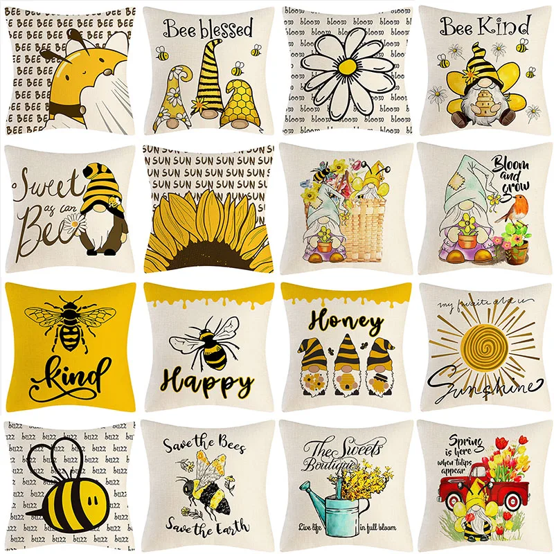 

Summer Bee Sunflower Pattern Pillow Cover Letter Printed Cushion Cover45x45cm Farmhouse Decorative Throw Pillow Linen Pillowcase