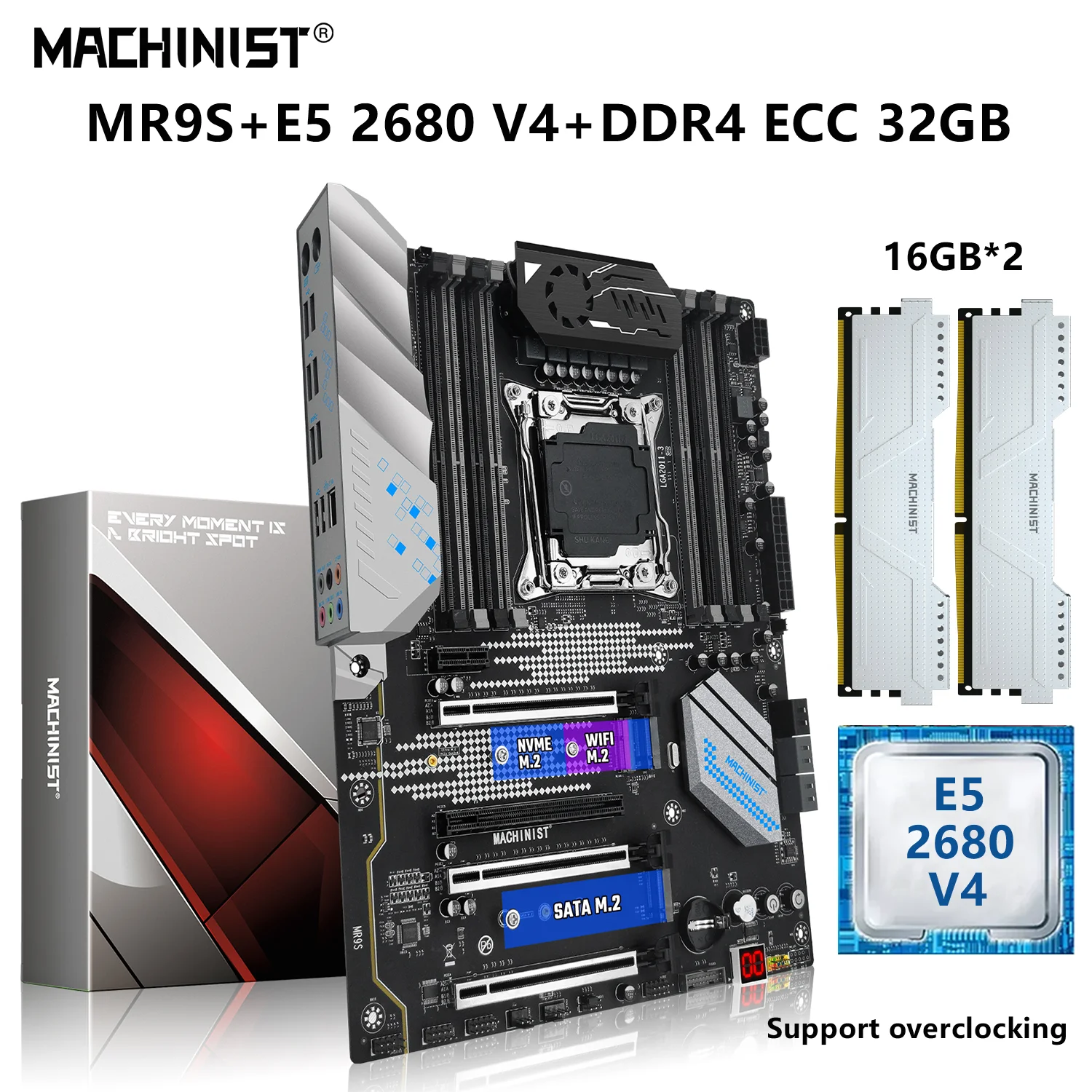

MACHINIST MR9S X99 Motherboard Set Kit Xeon E5 2680 V4 CPU Processor LGA 2011-3 32G=16Gx2 DDR4 ECC Memory WIFI NVME M.2 USB 3.0