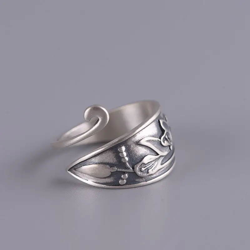 

Vintage Silver Color Ethnic Style Flower Ring Unisex Lotus Open Ring Banquet Jewelry Accessories Gift
