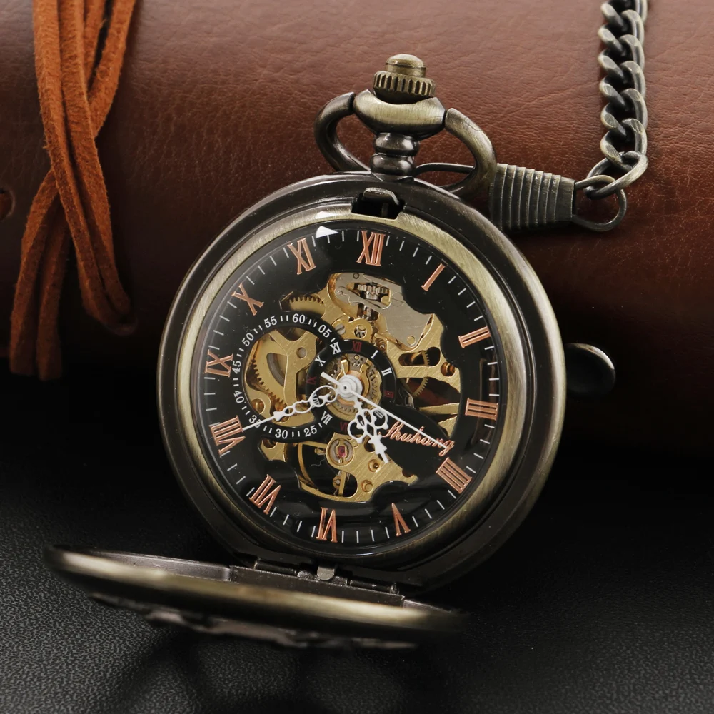 Rudder Hollow Design Bronze Roman Mechanical Pocket Watch High Quality Necklace Timing Pendant Unisex Pocket Watch Gift PJX1463
