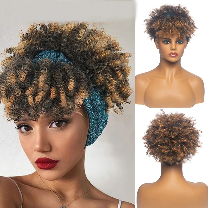 Короткие афро кудрявые парики с головной повязкой для женщин светлые эффектом