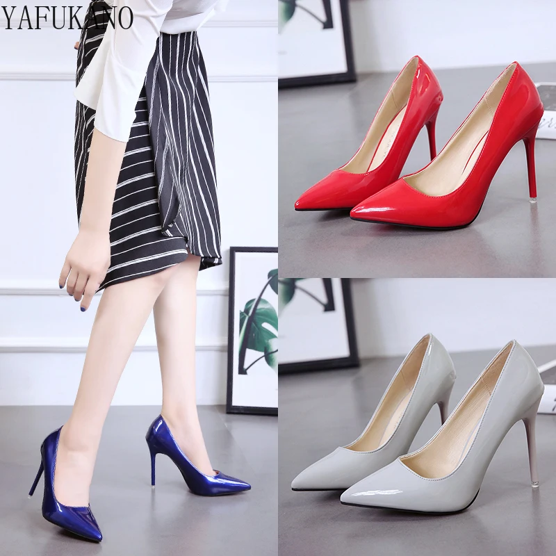 

Classic Womens High Heels 2022 New Patent Leather Pointed Toe Stiletto Single Shoes Career Work Shoes Red Sole Pumps 8 Color