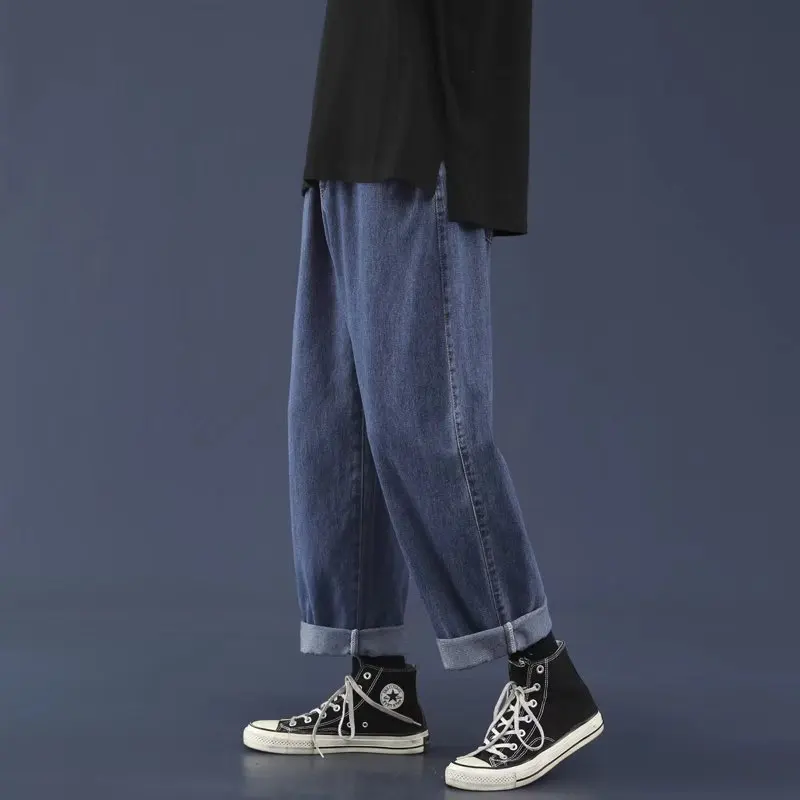 Streetwear Vintage Jeans Summer Fashion Solid Straight-Leg Pants Jeans Men's Casual Mid Waist Button Loose Denim Wide-Leg Jeans