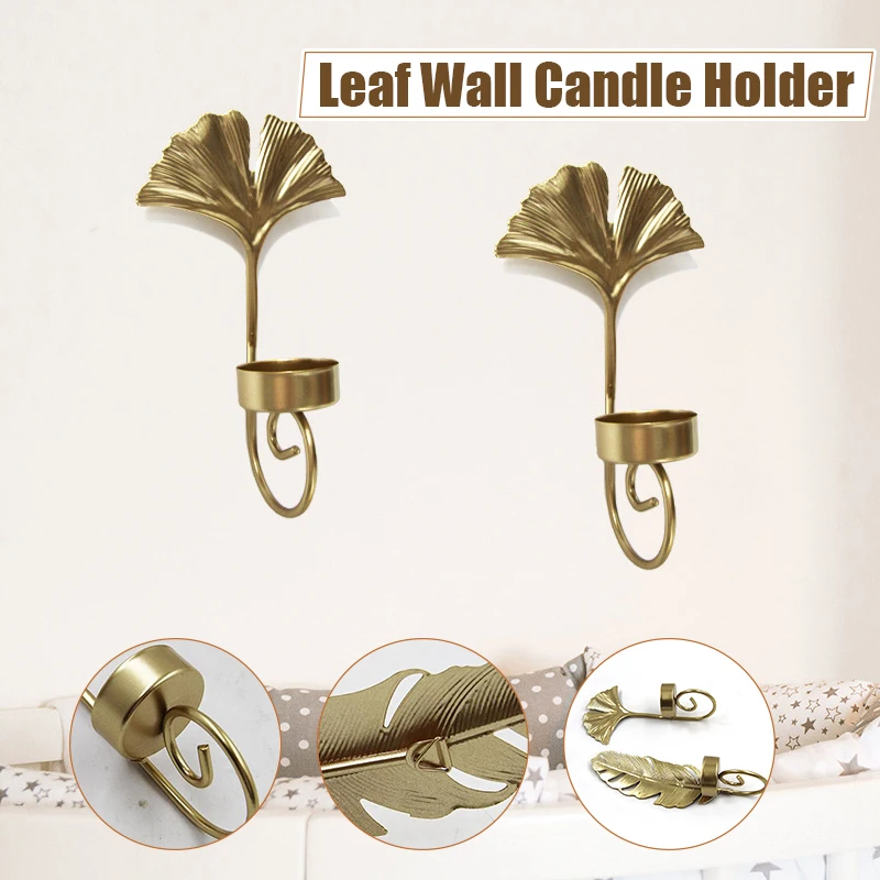 

2X Metal Leaf Candle Holder Golden Candlestick Decoration Rack Nordic Style Wall Wall Hanging Candlestick Bedroom Living Room