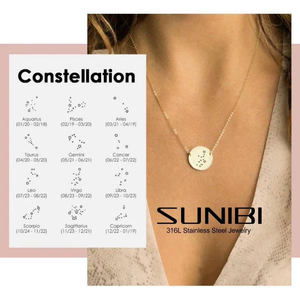 

Engraving Customized Constellation Necklaces Women Gold Stainless Steel Horoscope Coin 12 Zodiac Choker Necklace Fashion Jewelry