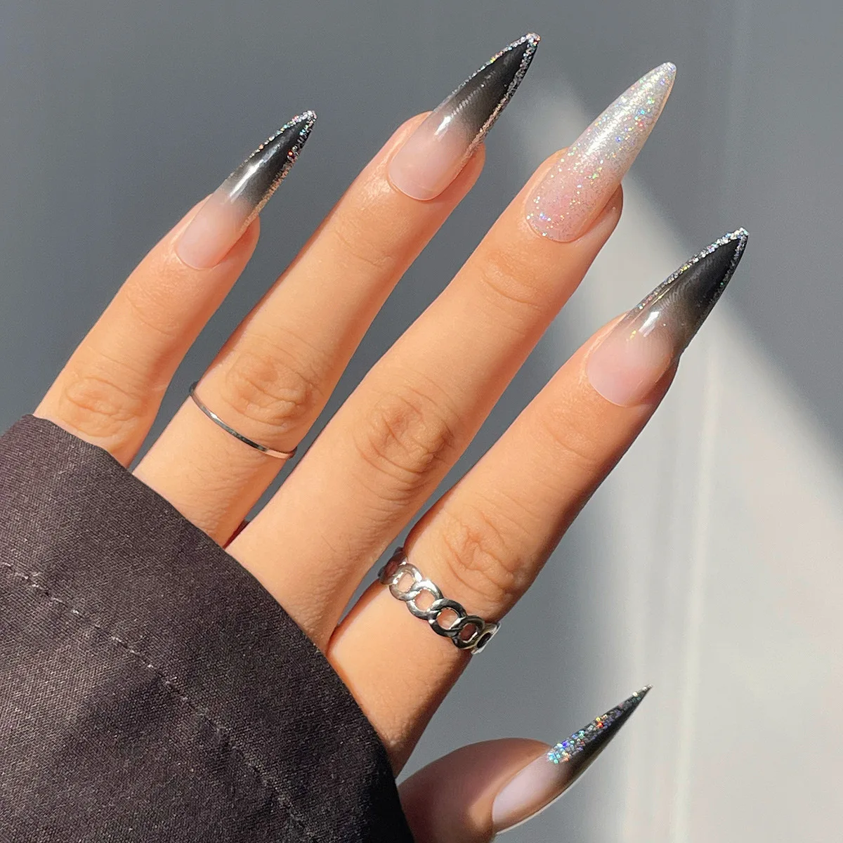 

24Pcs Black Long Pointed Head False Nails with Glue French Design Fake Nails Detachable Press on Nail Tips Full Cover