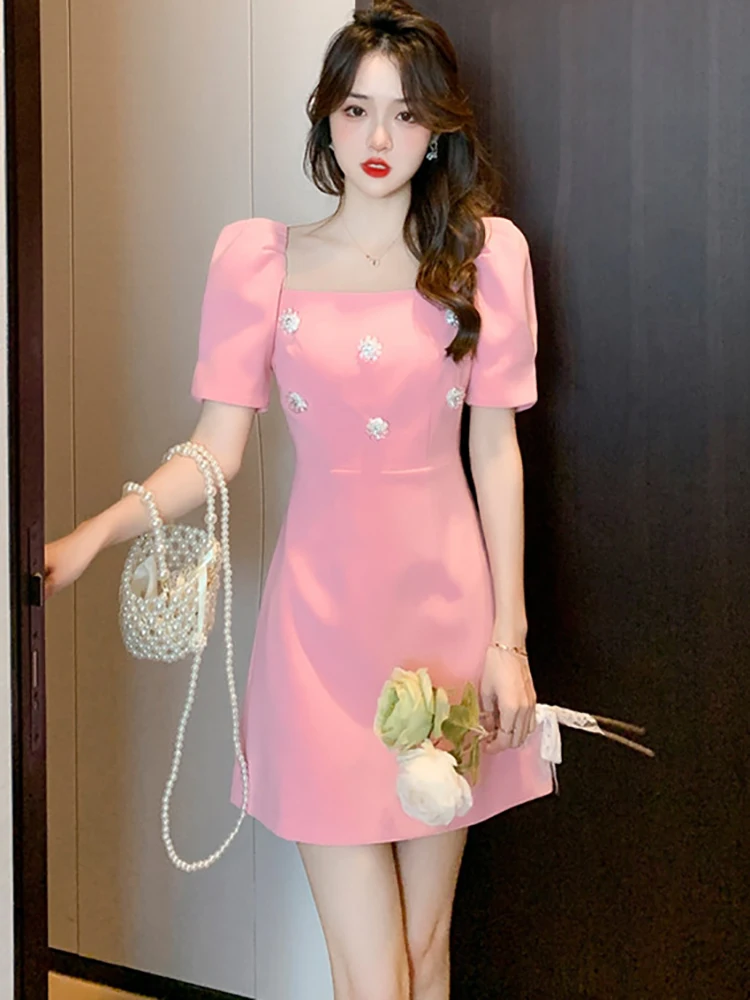 

2023 модное розовое миди-платье с квадратным вырезом, летнее Элегантное повседневное женское вечернее платье, корейские облегающие шикарные платья для выпускного вечера
