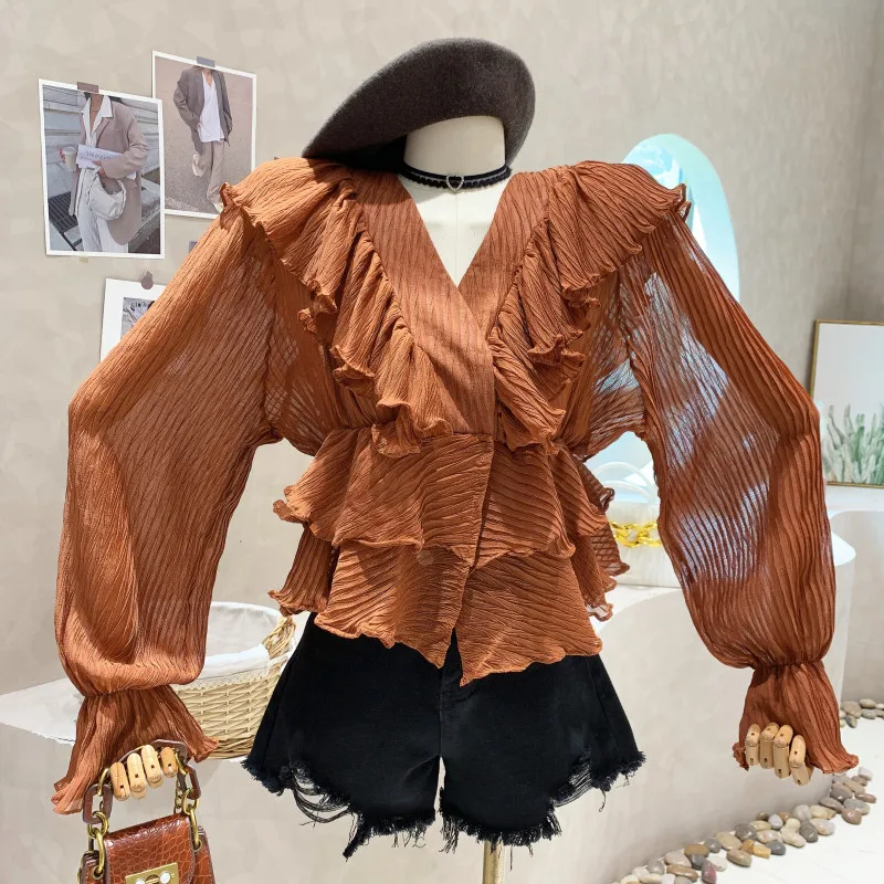 

New Women's Clothing 2022 Autumn V-neck design sense chiffon long sleeve sunscreen shirt top blusas