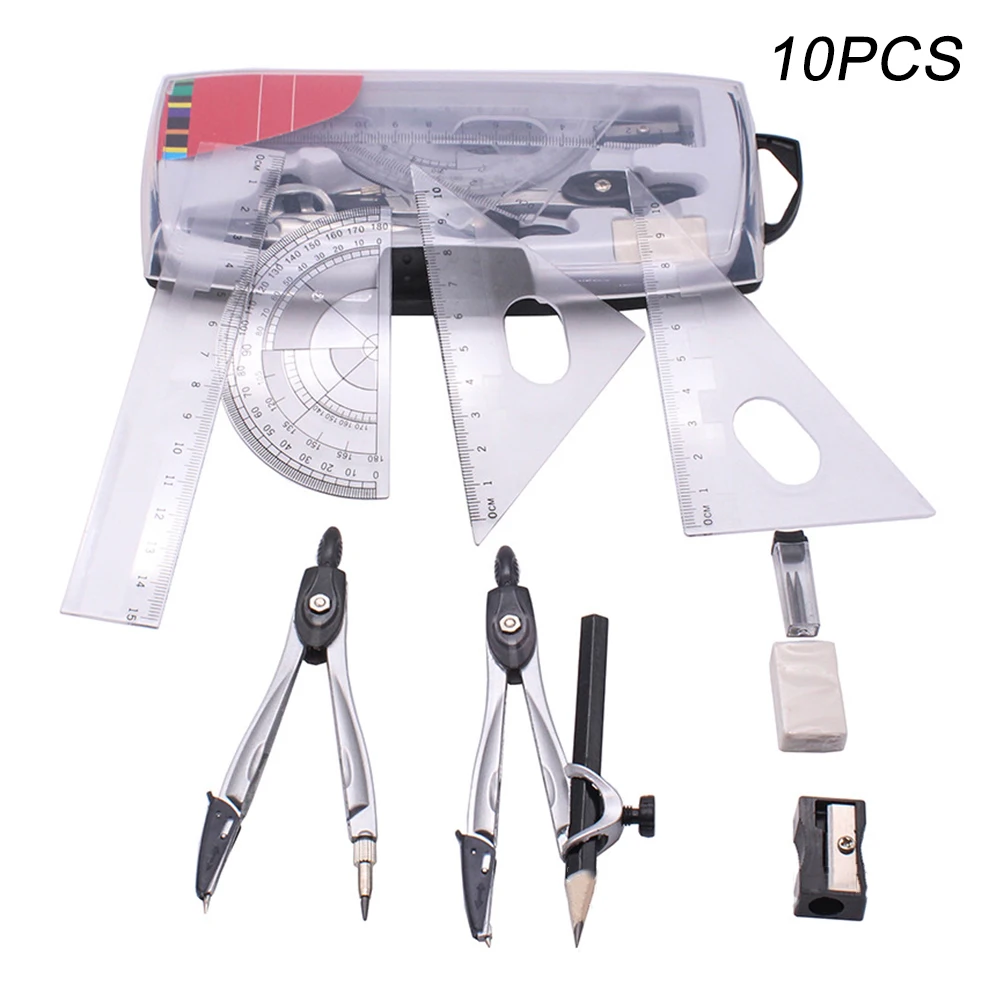 

Набор из 10 предметов с компасом, математический транспортир, Рисование для студентов, набор канцелярских принадлежностей, квадраты, линейк...