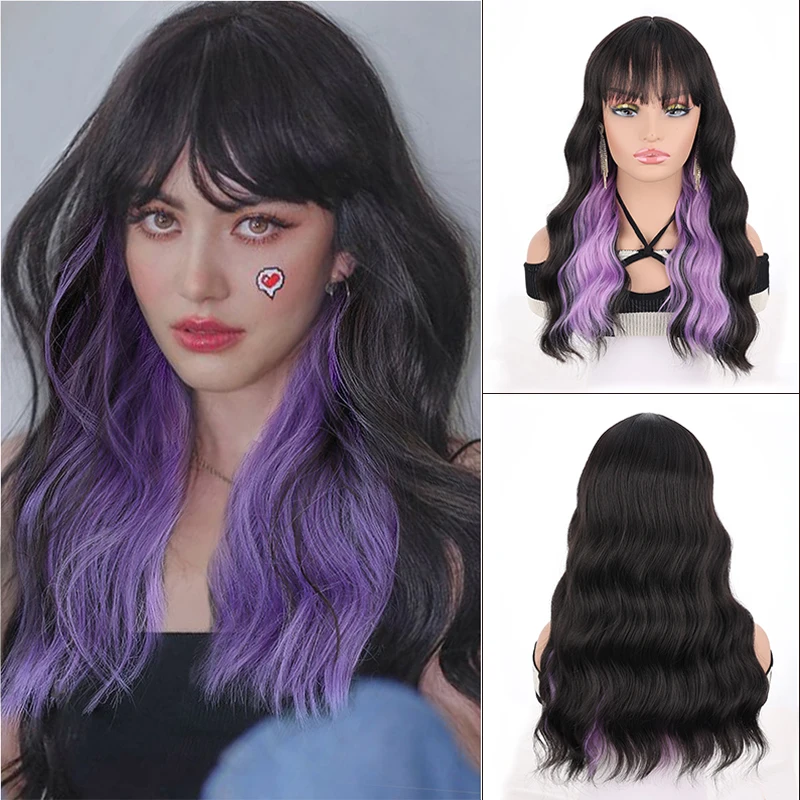 

Synthetic Cosplay Black and purple long curly hair Fake Hair With Bangs Lolita Daily Wigs For Women