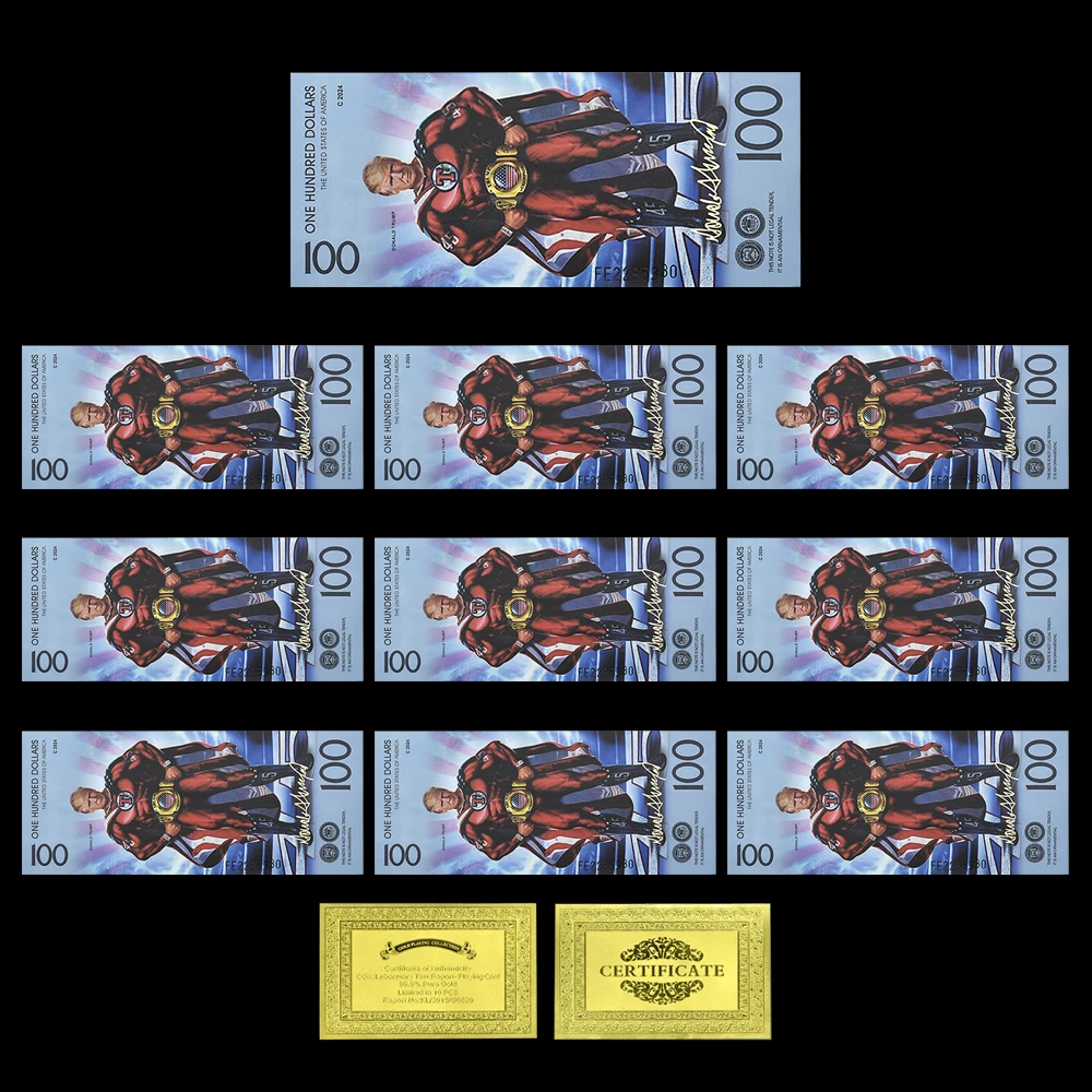

10pcs 2024 Trump 100 Dollars US President Polymer Banknotes Super T Man Save American Again Fun Money UNC Notes