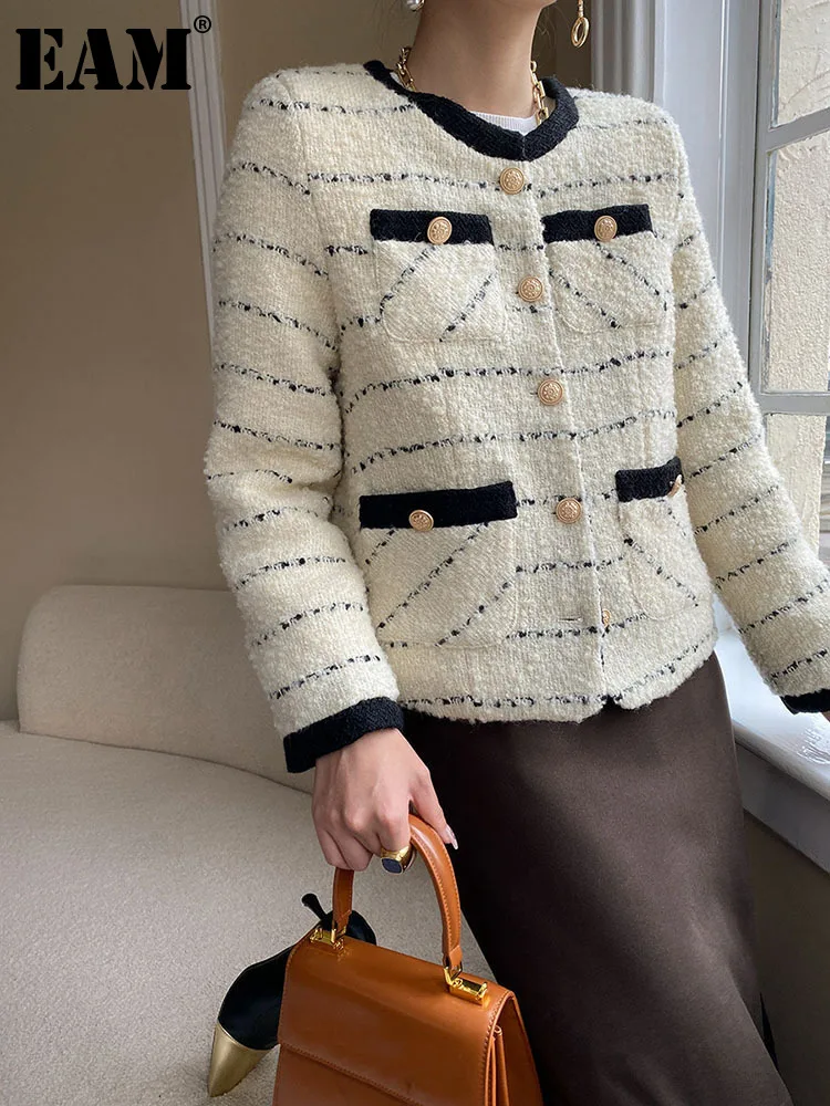 [EAM] Beige Color-block Big Size Duck Down Warm Tweed Jacket New O-neck Long Sleeve Women Coat Fashion Tide Autumn Winter 2022