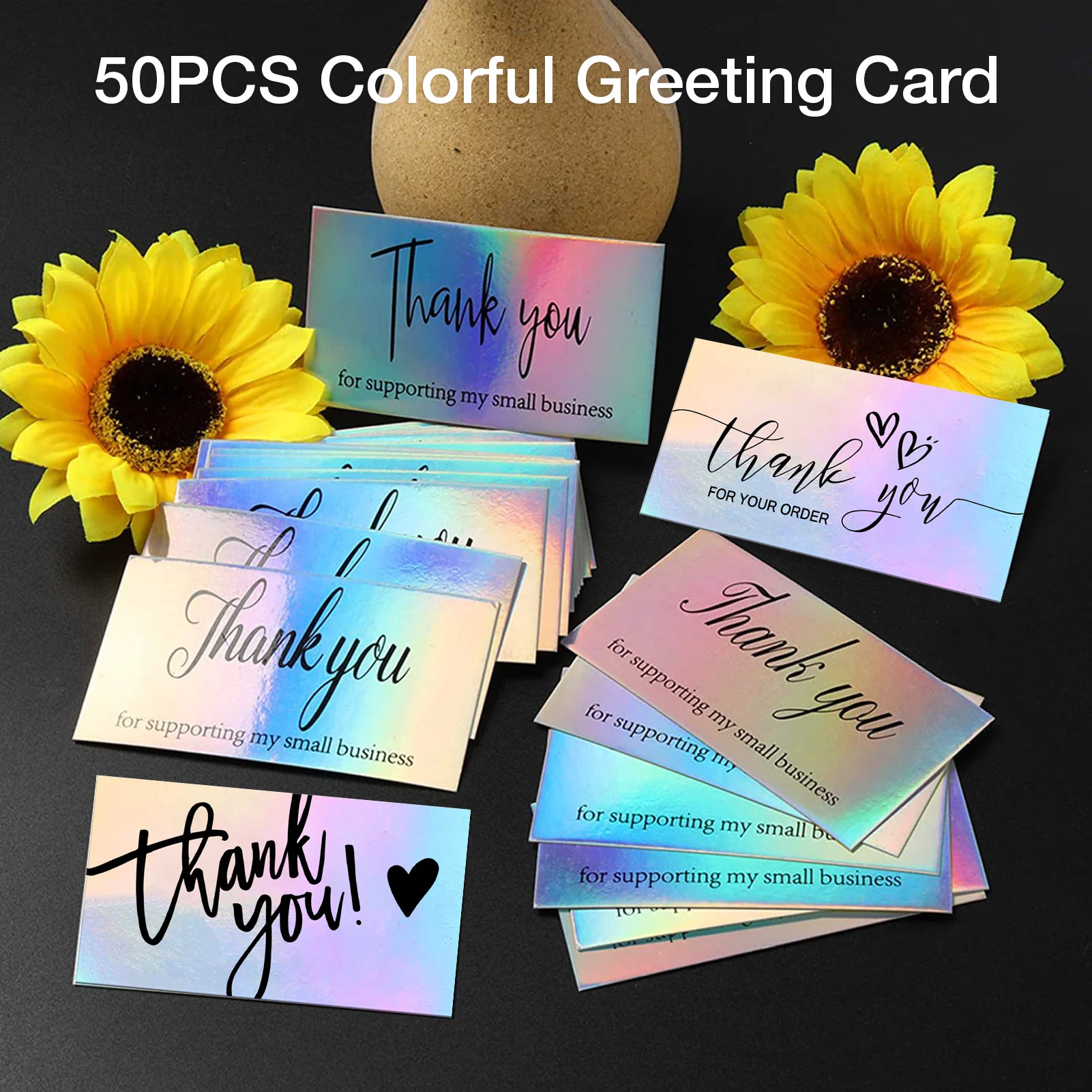 

50 PCS Laser Rainbow Thank You Colorful Greeting Card Holo-graphic Thank You Card For Gift Holiday And Party Supplies Lovely New