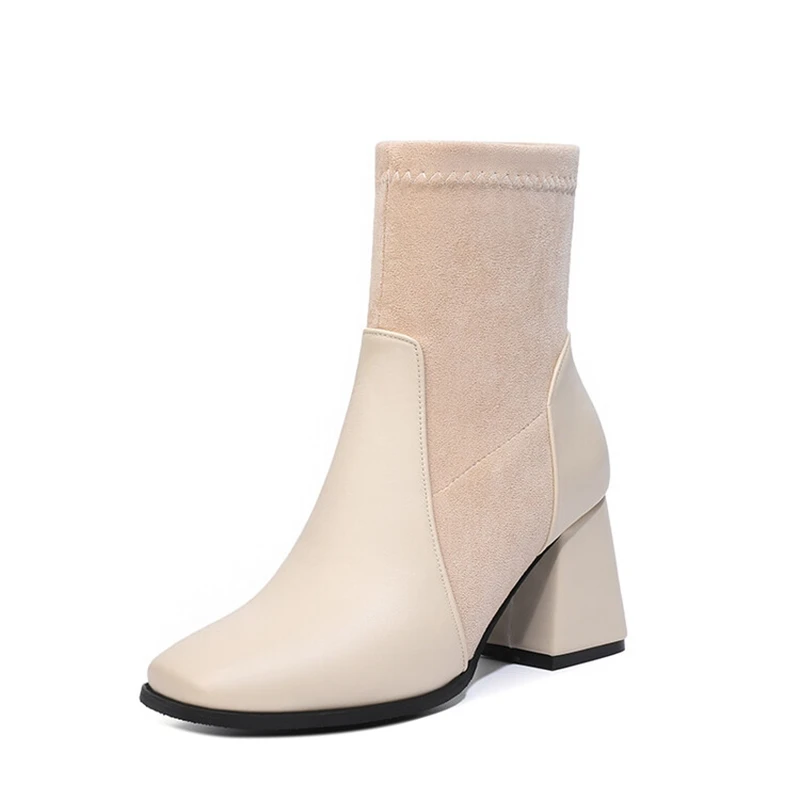 Botas De Mujer 2023 Ankle Womens Boots Plush Warm Winter Elastic Short Socks Boots Square Toe Heels Gothic Shoes