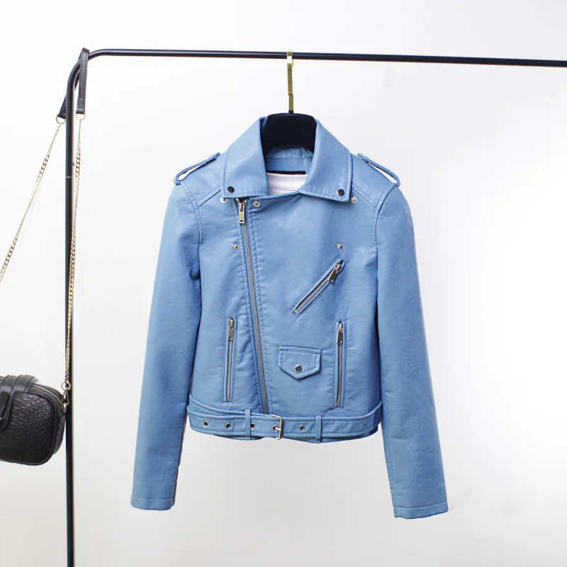 Spring Autumn Motorcycle Jacket Women Solid Color Slim Zipper Button Short Jacket Women Long Sleeve Turn-down Collar PU Jacket