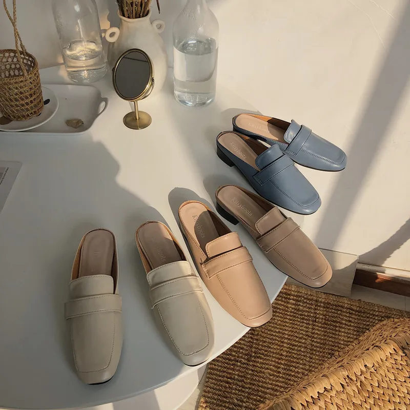

Shoes Women Ladies' Slippers Square Toe Luxury Slides Low Pantofle Loafers Soft Flat Designer Cover Block 2022 Rubber PU Casual