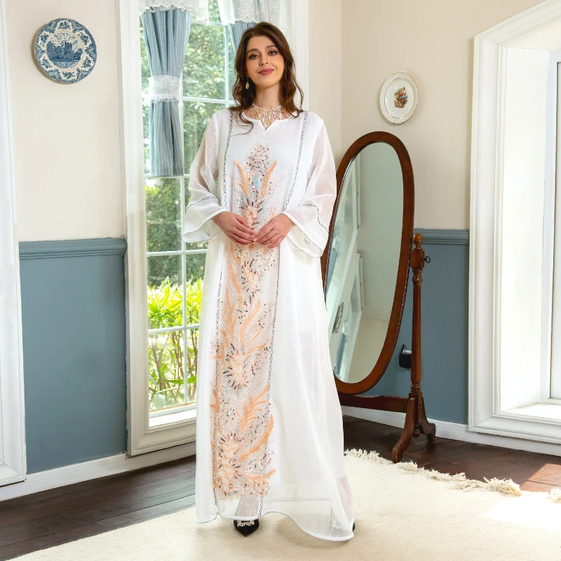 Elegant Casual Floral Embroidery Sequins Beading Long Dress Eid Mubarak Kaftan Dubai Abaya Turkey Muslim Prom Dresses