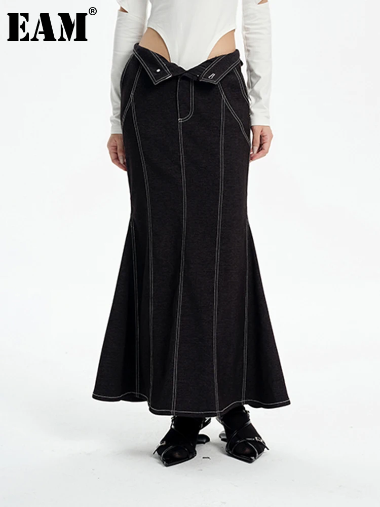 

[EAM] High Waist Black Topstitched Back Slit Long Denim Elegant Half-body Skirt Women Fashion New Spring Autumn 2022 1DF0756