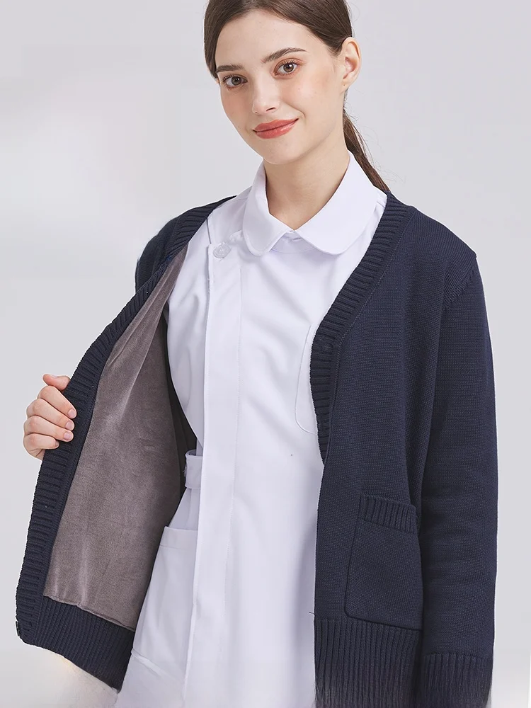 Nurse Sweater Outerwear Cardigan Women Autumn and Winter Medical Staff Outdoor Du Knit Fleece-lined Thickened No Pilling