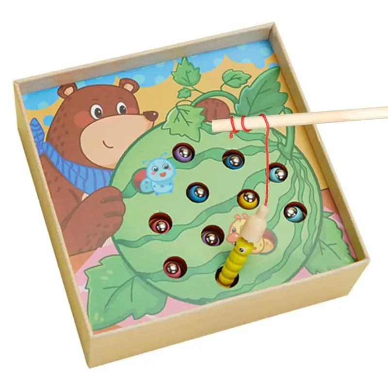 

3 в 1 деревянный Игровой набор 3 в 1, магнитная деревянная игрушка Монтессори, подходящая игра для 1-3 лет рыбалки, моркови, урожая червя