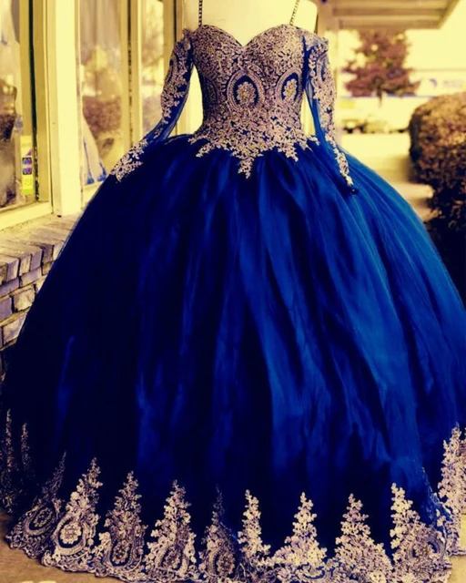 

ANGELSBRIDEP Royal Blue Gold Applique Ball Gown Quinceanera Dresses Long Sleeves Tulle Sweet 16 Party Dress Vestidos De Fiesta