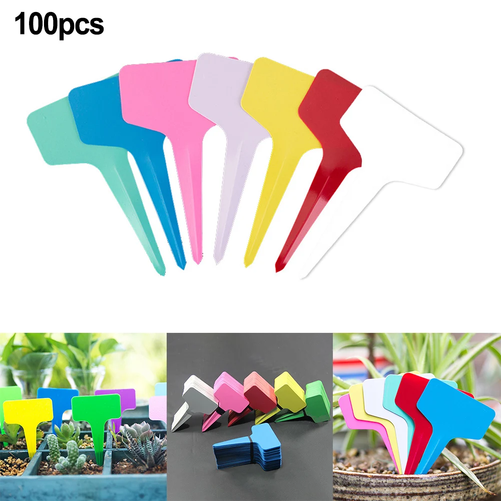 100pcs T-shaped Plant Label Markers PVC Material Gardening Flower Plants Nursery Sorting Sign Tags Colorful Insertion Card