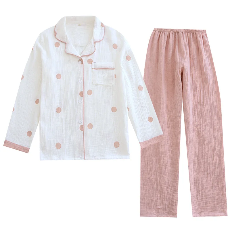 Women Sleepwear Pyjama Set Dot Contrast Lapel Pajamas All Seasons Soft Cotton Crepe Long Sleeve Homewear Lounge Nightwear Suit
