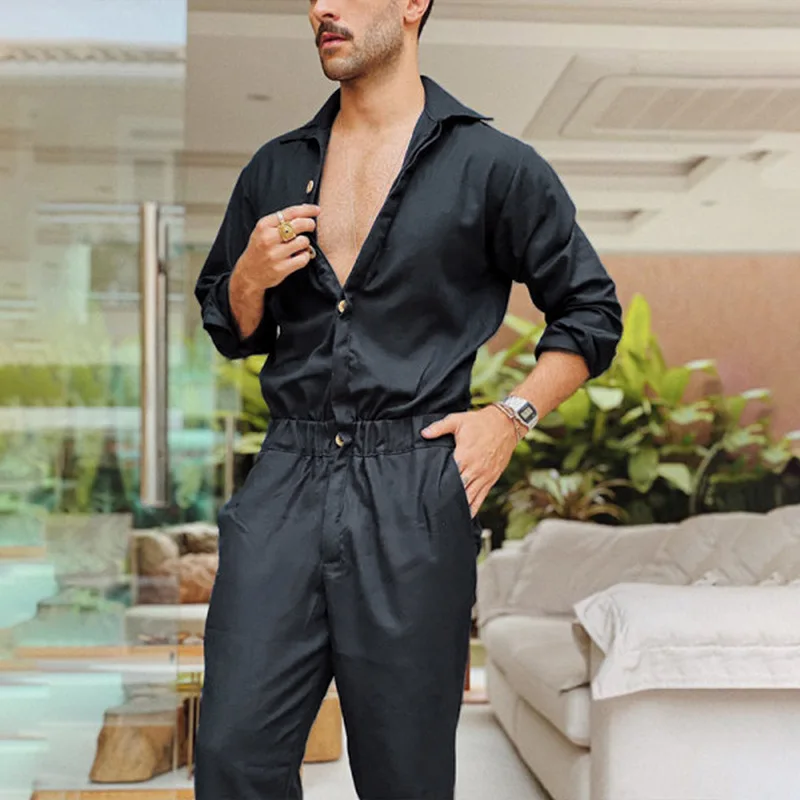 Men's Personality Fashion Lapel Solid Color Corset Waist One-Piece Long Sleeve Trousers