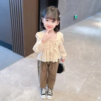 girls lace up casual two piece set autumn new childrens solid color fashion girls suit baby girl outfit set