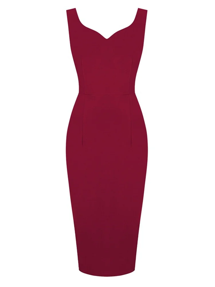 

Женское винтажное платье-карандаш средней длины, красное однотонное элегантное облегающее офисное платье без рукавов с вырезом сердечком, новинка 2023