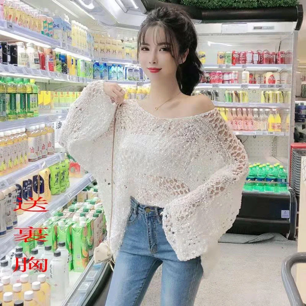

Пикантная вязаная рубашка с вырезами и круглым вырезом, женский свободный пуловер корейской версии, женские весенние/сексуальные топы с длинным рукавом для мужчин и женщин