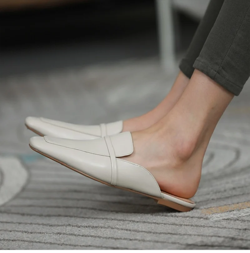 

Style Mule Concise Simple Flat Shoes Cow Leather Square Toe Mules Spring Autumn Women Flats Outdoor Slippers