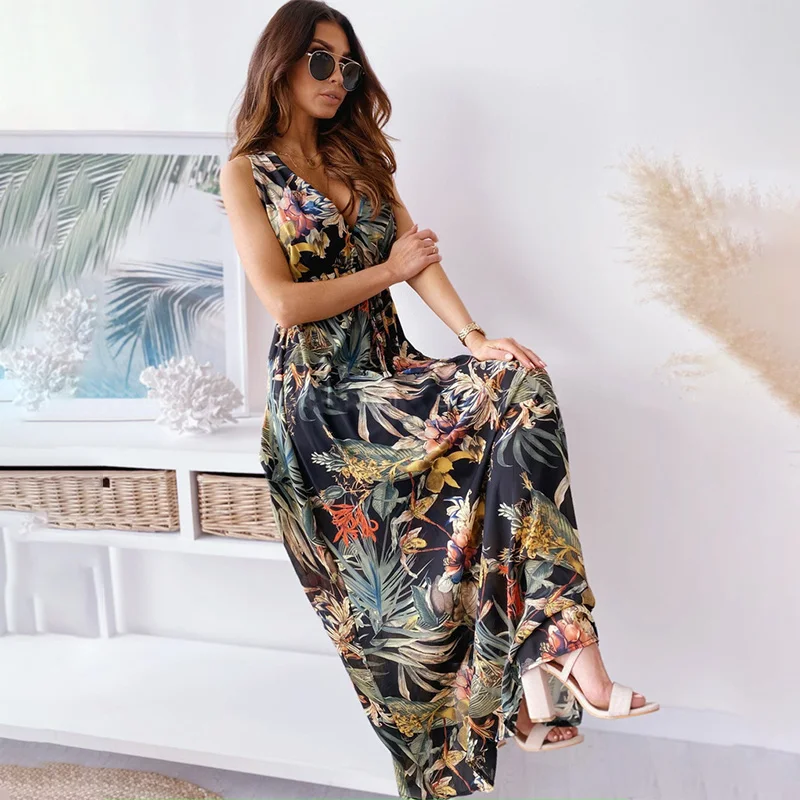 

Floral Elegant Long V-Neck Dresses For Women Bohemia Women's Summer Lace-Up Backless A-Line Dress Pullover Sundress Robe